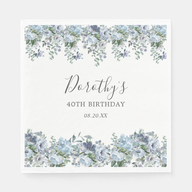 Elegant Dusty Blue Floral 40th Birthday Custom Napkin (Front)