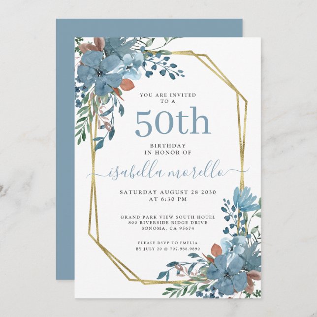 Elegant Dusty Blue Floral 50th Birthday Invitation (Front/Back)