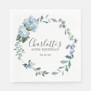 Elegant Dusty Blue Floral 60th Birthday Custom Napkin