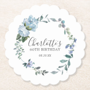 Elegant Dusty Blue Floral 60th Birthday Custom Paper Coaster