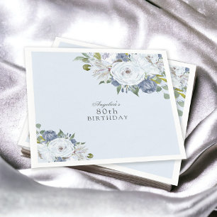 Elegant Dusty Blue Floral 80th Birthday Party Napkin