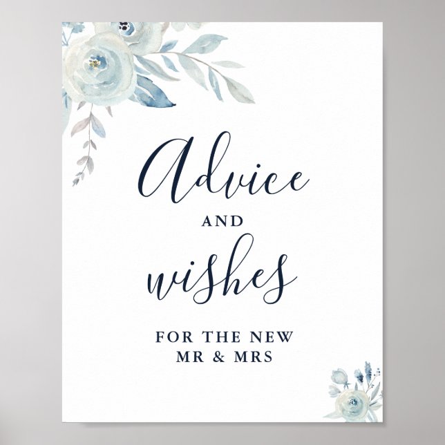 elegant dusty blue floral advice and wishes sign (Front)