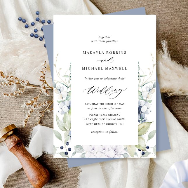 Elegant Dusty Blue Floral and Greenery Wedding Invitation (Creator Uploaded)