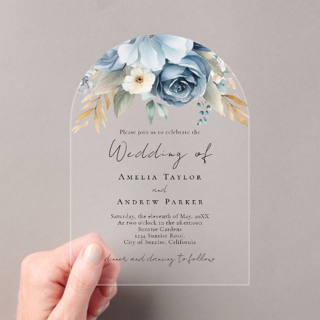 Elegant Dusty Blue Floral Arch Shaped Wedding Acrylic Invitations (Insitu (Handheld))