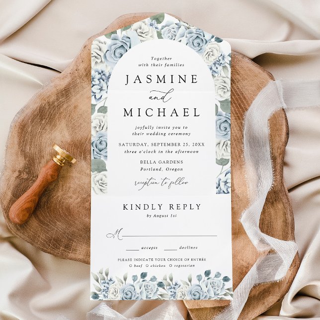 Elegant Dusty Blue Floral Arch Wedding All In One Invitation (Creator Uploaded)