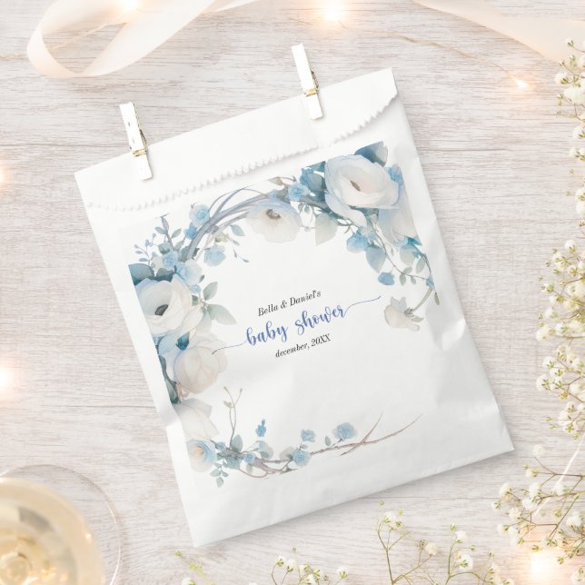 Elegant Dusty Blue Floral Baby Shower Favour Bag (Clipped)