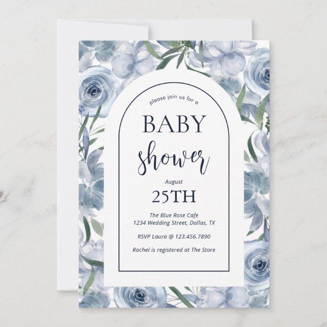 Elegant Dusty Blue Floral Baby Shower Invitation (Front)