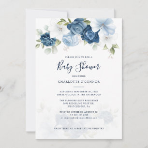 Elegant Dusty Blue Floral Baby Shower Invitation