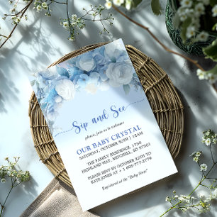 Elegant Dusty Blue Floral Baby Shower Sip and See Invitation