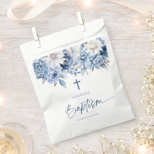 Elegant Dusty Blue Floral Baptism Favour Bag (Clipped)