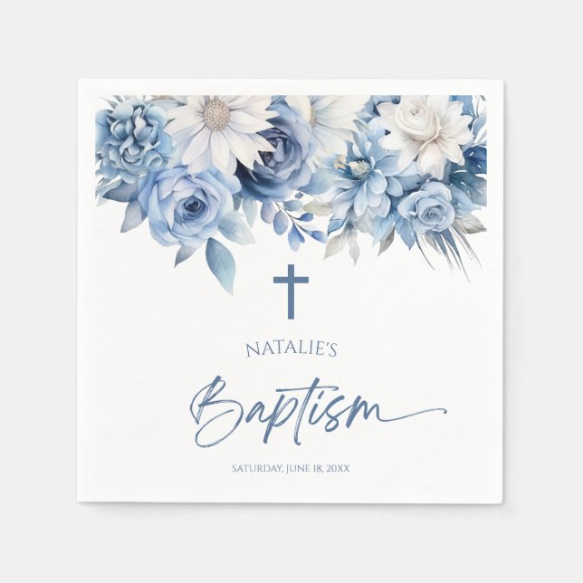 Elegant Dusty Blue Floral Baptism Napkin (Front)