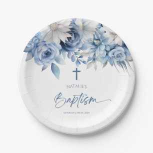Elegant Dusty Blue Floral Baptism Paper Plate