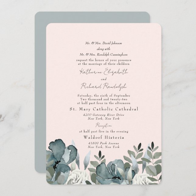 Elegant Dusty Blue Floral & Blush Wedding Invitation (Front/Back)