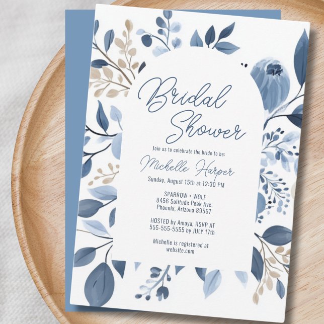 Elegant Dusty Blue Floral Boho Bridal Shower Invitation (Elegant dusty blue floral boho bridal shower invitation placed on a wooden tray.)