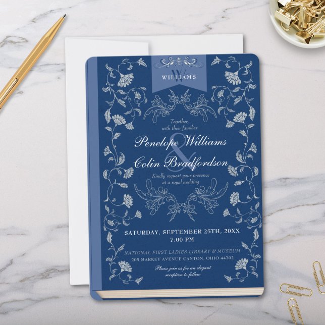 Elegant Dusty Blue Floral Book Cover Wedding Invitation (Elegant Dusty Blue and White Library Book Cover Formal Wedding Invitation for Royal Fairytale Invite)