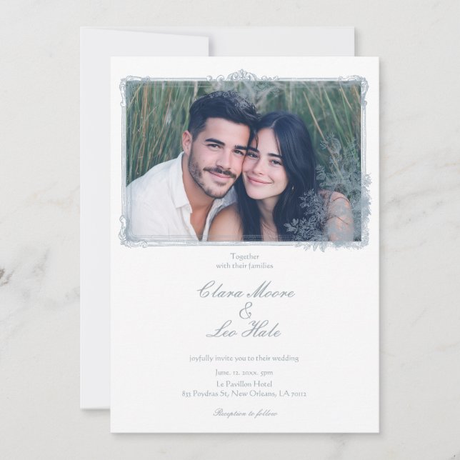 Elegant Dusty Blue Floral Border Wedding Photo Invitation (Front)