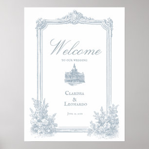 Elegant Dusty Blue Floral Border Wedding Welcome Poster