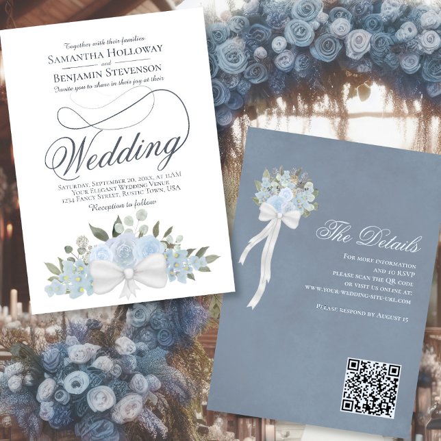 Elegant Dusty Blue Floral Bouquet QR Code Wedding Invitation (Front/Back)