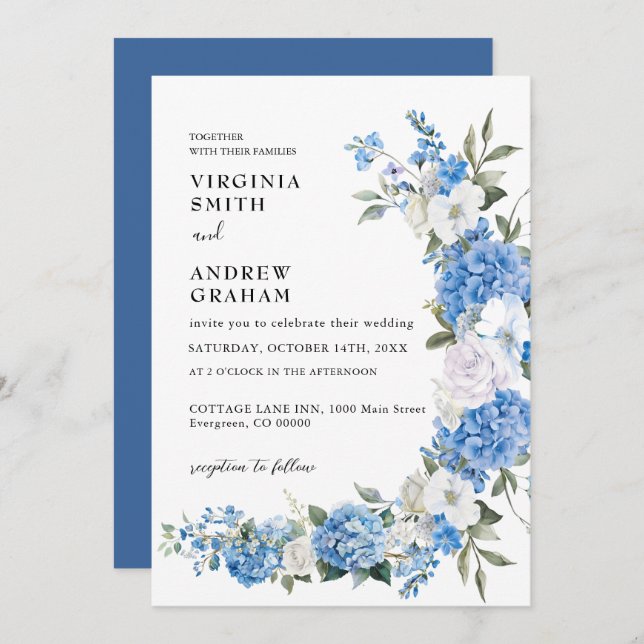 Elegant Dusty Blue Floral Bow Wedding Invitation (Front/Back)