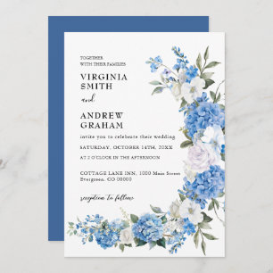 Elegant Dusty Blue Floral Bow Wedding Invitation