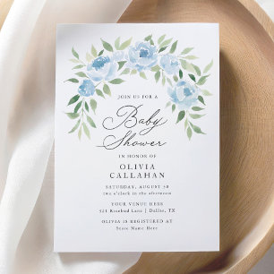 Elegant Dusty Blue Floral Boy Baby Shower Invitation
