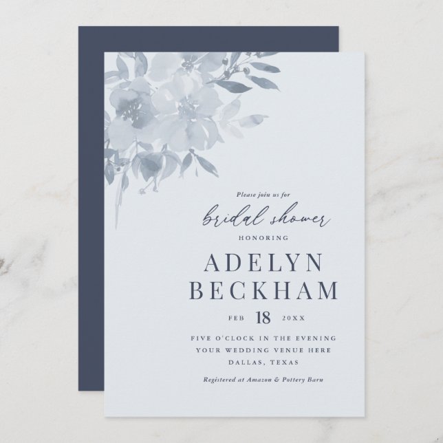 Elegant Dusty Blue Floral Bridal Shower Invitation (Front/Back)