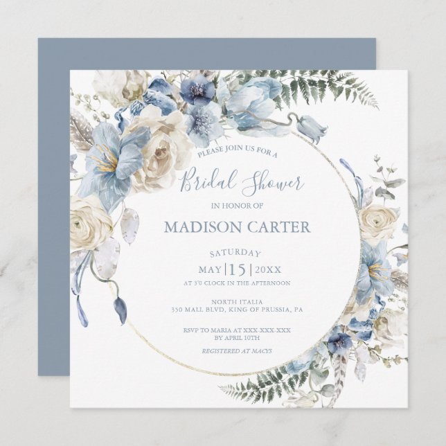 Elegant Dusty Blue Floral Bridal Shower Invitation (Front/Back)