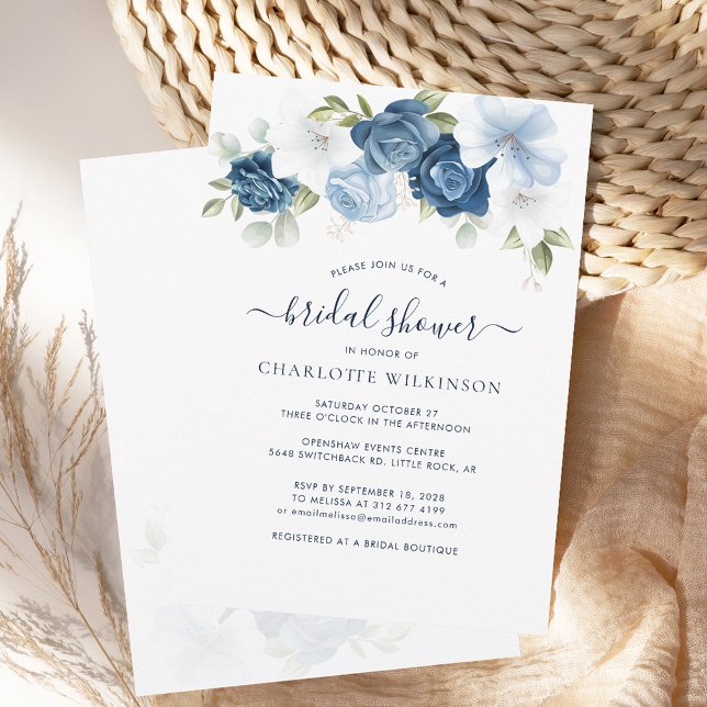 Elegant Dusty Blue Floral Bridal Shower Invitation (Floral Dusty Blue Script Botanical Bridal Shower Invitation)
