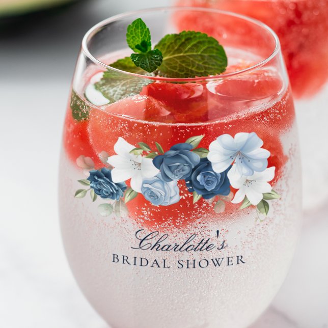 Elegant Dusty Blue Floral Bridal Shower Stemless Wine Glass (Floral Dusty Blue Watercolor Script Bridal Shower Stemless Wine Glass)