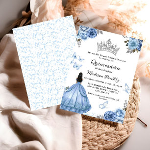 Elegant Dusty Blue Floral Butterfly  Quinceanera  Invitation