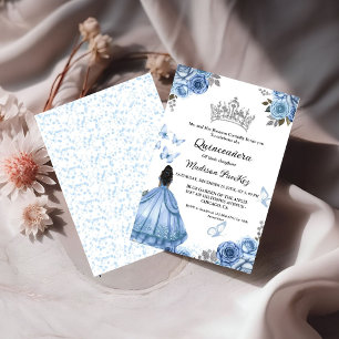 Elegant Dusty Blue Floral Butterfly  Quinceanera  Invitation