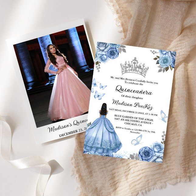 Elegant Dusty Blue Floral Butterfly  Quinceanera  Invitation (Creator Uploaded)
