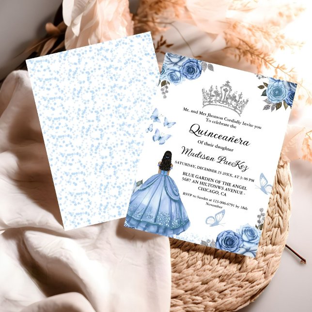 Elegant Dusty Blue Floral Butterfly  Quinceanera  Invitation (Creator Uploaded)