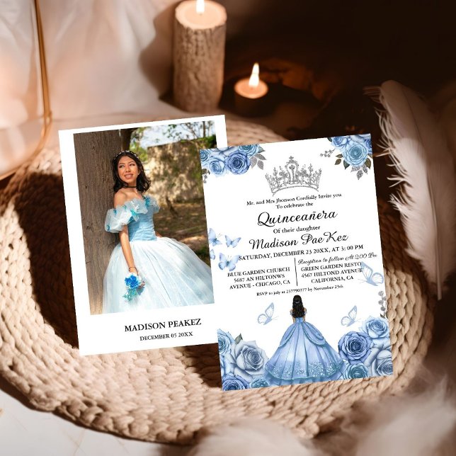 Elegant  Dusty Blue Floral Butterfly  Quinceanera Invitation (Creator Uploaded)