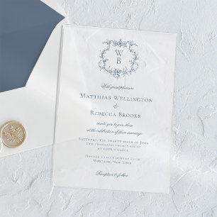 Elegant Dusty Blue Floral Crest Monogram Wedding Acrylic Invitations
