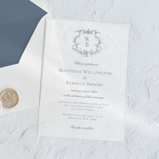 Elegant Dusty Blue Floral Crest Monogram Wedding Acrylic Invitations (Creator Uploaded)
