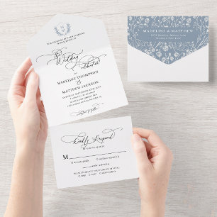Elegant  Dusty Blue Floral Crest Monogram Wedding All In One Invitation