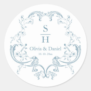 Elegant Dusty Blue Floral Crest Monogram Wedding Classic Round Sticker