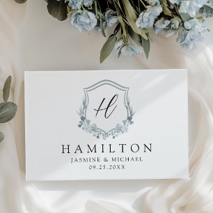 Elegant Dusty Blue Floral Crest Monogram Wedding Guest Book