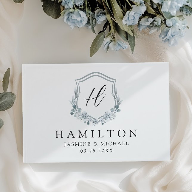 Elegant Dusty Blue Floral Crest Monogram Wedding Guest Book (Creator Uploaded)