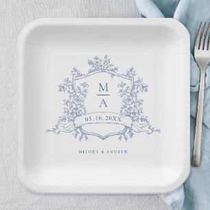 Elegant Dusty Blue Floral Crest Monogram Wedding Paper Plate