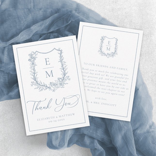 Elegant Dusty Blue Floral Crest Monogram Wedding Thank You Card (Creator Uploaded)