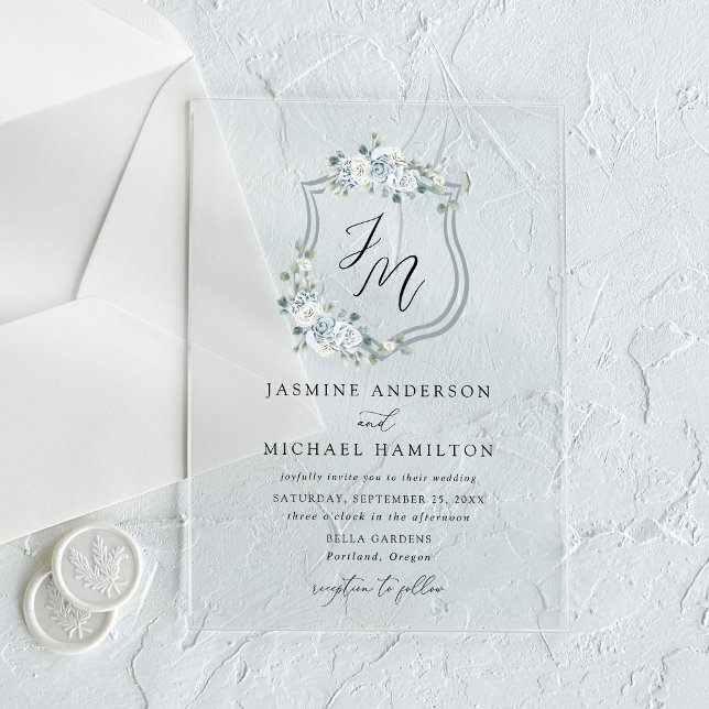 Elegant Dusty Blue Floral Crest Wedding Acrylic Invitations (Creator Uploaded)