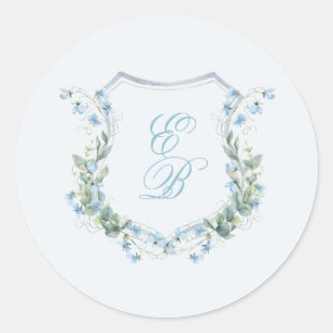 Elegant Dusty Blue Floral Crest Wedding Classic Round Sticker