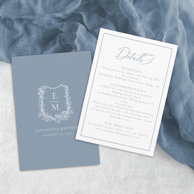 Elegant Dusty Blue Floral Crest Wedding Details Enclosure Card (Creator Uploaded)