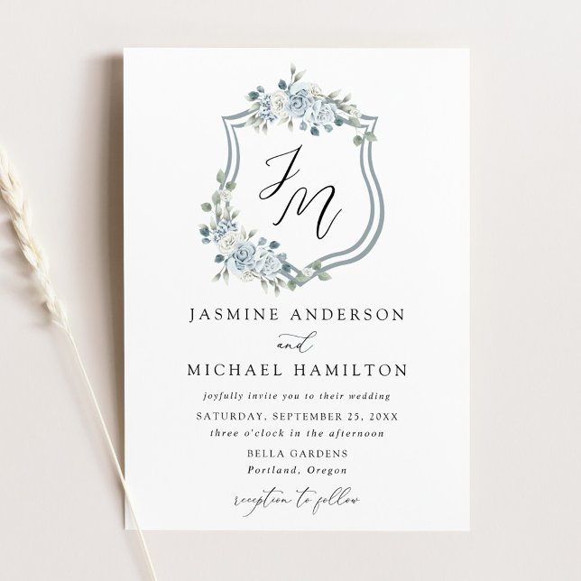 Elegant Dusty Blue Floral Crest Wedding Invitation (Creator Uploaded)