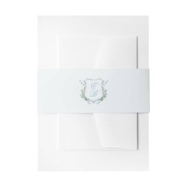 Elegant Dusty Blue Floral Crest Wedding Invitation Belly Band (Front Example)