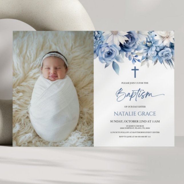 Elegant Dusty Blue Floral Custom Picture Baptism Invitation (Creator Uploaded)