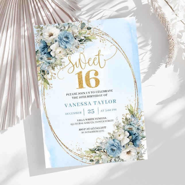 Elegant Dusty Blue Floral Eucalyptus Sweet Sixteen Invitation (Elegant Dusty Blue Floral Eucalyptus Sweet Sixteen Invite)
