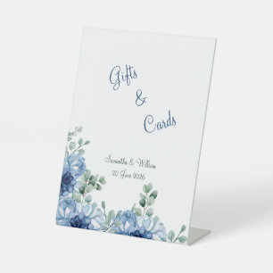 Elegant Dusty Blue Floral Eucalyptus Wedding  Pedestal Sign
